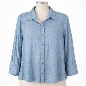 Allen Schwartz Long Sleeve Button Collared Top Size‎ L Blue Purple Cotton Gauze